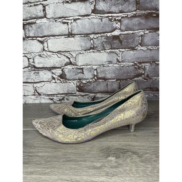 Irregular Choice Silver Suede Gold Shimmer Bridal Print Pointed Heels Women 39EU - Picture 9 of 16